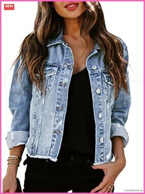 Women's Long Sleeve Distressed Ripped Jean Coat with Buttons and Pockets